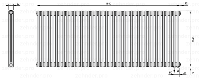 Схема (чертеж) Радиатор Zehnder Charleston 2180/40 №5510 Белый глянцевый RAL 9016
